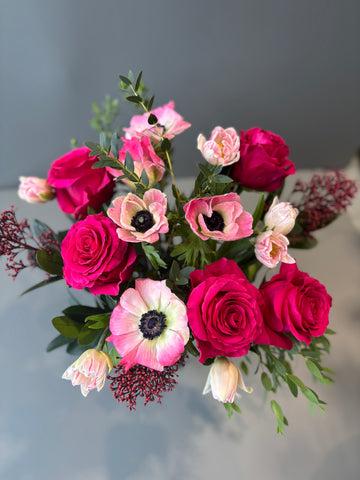 Bouquet hivernal tons de rose et fushia